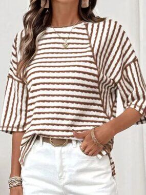 Dokotoo striped textured knit crewneck 3/4 sleeves top size M